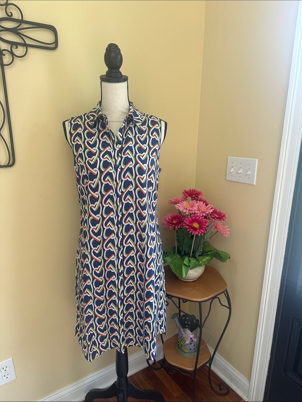 CAbi Navy Geometric-Print Button-Down Shirt with White, Green & Orange Accents